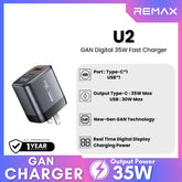 REMAX - U2 Digital PD+QC GAN Fast Charger ( 35W ) - Silver
