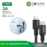 UGREEN USB-C TO LIGHTNING (PD) FAST CHARGING 3.0A MFI CABLE M/M RUBBER SHELL / NECLE PLATING 1M - BLACK