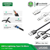 UGREEN - USB 2.0 A/M to Micro B + Lighting + USB-C 3 in 1 MFI Cable 1M - White