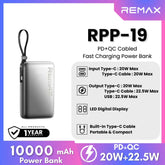 REMAX - RPP-19 10000mAh PD+QC Cabled Power Bank - Silver