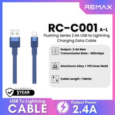 REMAX - RC-C001 A-L Flushing Series 2.4A Lightning Charging Data Cable - Blue