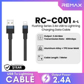 REMAX - RC-C001 A-L Flushing Series 2.4A Lightning Charging Data Cable - Black
