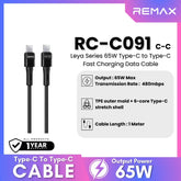 65W ( C to C )-REMAX RC-C091 C-C Leya Series 65W Type-C to Type-C Fast Charging PD Charging Data Cable - Black