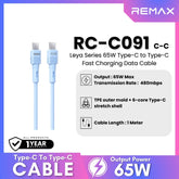 65W ( C to C )-REMAX RC-C091 C-C Leya Series 65W Type-C to Type-C Fast Charging PD Charging Data Cable - Blue