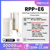REMAX - RPP-E6 20000mAh PD+QC Fast Charging Cabled Power Bank (PD20W+QC22.5W) - White
