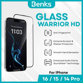 BENKS - GlassWarrior HD Screen Protector - IPhone 16 / 15 / 14 Pro (Black)