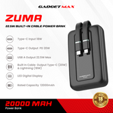 GADGET MAX - ZUMA 20000mAh PD+QC Built-In Cabe Fast Charging Power Bank (20W+22.5W) - Black