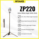 RTAKO - ZP220 Ultra-Wide Angle Selfie Stick - Black