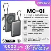 REMAX - MC-01 10000mAh 3 In 1 Cable Foldable Magnetic Wireless Charging Power Bank (PD22.5W+Magsafe15W) - Grey