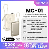 REMAX - MC-01 10000mAh 3 In 1 Cabled Foldable Magnetic Wireless Charging Power Bank (PD22.5W+Magsafe15W) - Silver