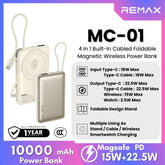 REMAX - MC-01 10000mAh 3 In 1 Cable Foldable Magnetic Wireless Charging Power Bank (PD22.5W+Magsafe15W) - Silver