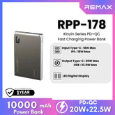 REMAX RPP-178 Kinyin Series 10000mAh PD+QC Fast Charging Power Bank(PD 20W+QC 22.5W) - Grey