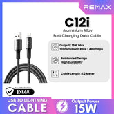 REMAX - C12i Velocity Aluminium Alloy USB To Lightning Fast Charging Data Cable (15W) - Black
