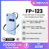 REMAX - FP-123 10000mAh RuiJie 40W Self Type-C Cable Retractable Fast Charging Power Bank - Blue