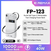 REMAX - FP-123 10000mAh RuiJie 40W Self Type-C Cable Retractable Fast Charging Power Bank - Grey