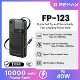 REMAX - FP-123 10000mAh RuiJie 40W Self Type-C Cable Retractable Fast Charging Power Bank -Black