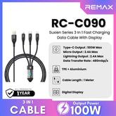 REMAX - RC-C090 Suxien Series 3 In 1 Smart Digital Display Fast Charging Data Cable ( 100W ) - Black