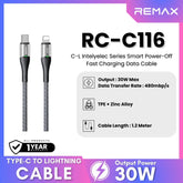 REMAX - RC-C116 C-L Intelyelec Series Type-C to Lightning Fast Charging Auto Power Off Charging Data Cable ( 30W ) - Grey