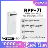 REMAX RPP-71 Piloteer Series 10000mAh PD+QC Fast Charging Power Bank (PD 20W+QC 22.5W) - White