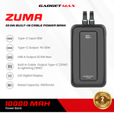 GADGET MAX - ZUMA 10000mAh PD+QC Built-In Cable Fast Charging Power Bank (20W+22.5W) - Black