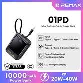 REMAX - 01PD 10000mAh 40W Mini Built-In-Cable Fast Charging Power Bank - Black
