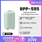 REMAX RPP-595 Bagcase Series 10000mAh PD+QC Fast Charging Power Bank(PD 20W) - Green