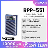 REMAX RPP-551 Explore Series PD+QC Fast Charging Power Bank(PD 20W+QC 22.5W) - Blue