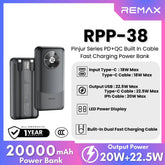 REMAX - RPP-38 20000mah Pinjur Series PD+QC Built In Cable Fast Charging Power Bank ( PD 20W + QC 22.5W ) - Black
