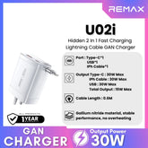 REMAX - U02i Hidden 30W 2 In 1 GAN Charger ( PD+QC ) - White
