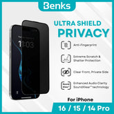 BENKS - Ultra Shield Privacy Screen Protector - IPhone 16 / 15 / 14 Pro (Black)