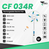 T PRO CTL-CF034R-18C 18" LONTOR RECHARGEABLE STANDING FAN WITH SOLAR CHARGE (12 SPEEDS/8W/4 SMD/15V DC INPUT/5V USB OUTPUT)