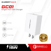 GADGET MAX - GC01 Single USB Port QC 3.0 Charger (18W) - White