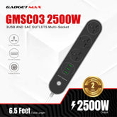 GADGET MAX - GMSC03 2500W Multi-Socket ( 3USB / 3AC ) - Black Grey