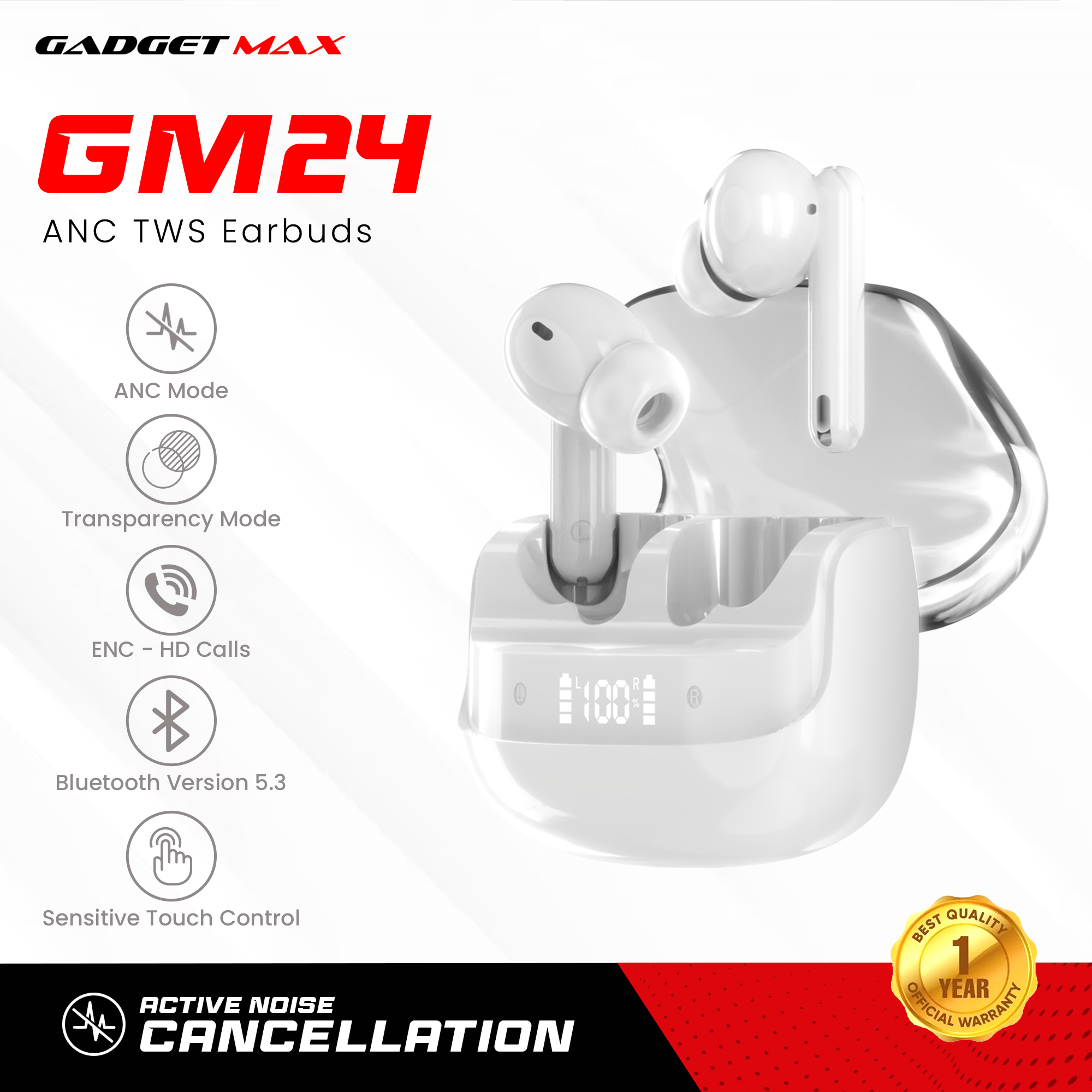 GADGET MAX GM24 WIRELESS ACTIVE NOISE CANCELLATION TWS EARBUDS