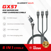 GADGET MAX - GX57 Ace Series A+C-M+C+L 6 In 1 Fast Charging Data Cable ( 100W ) - Grey