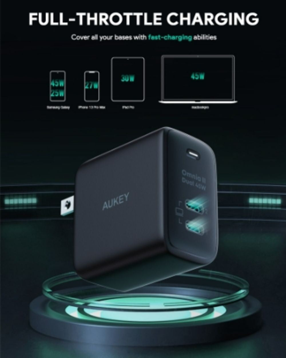 Aukey PA-B4T-WHT Dual Port 45W PD GAN Power Wall Charger