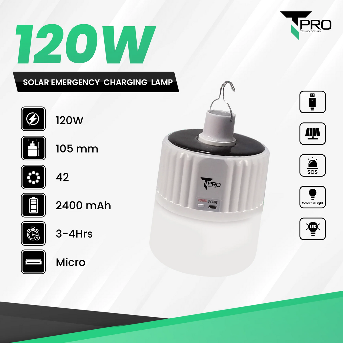 T-PRO - 120W 2 In 1 Solar & USB Emergency Charging Lamp ( 2400Ah )