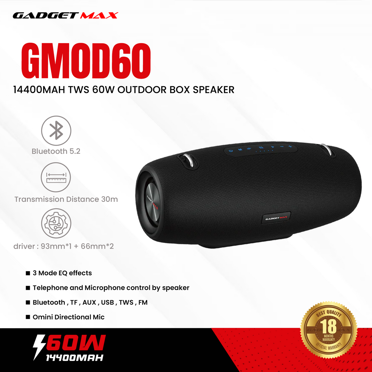 GADGET MAX GMOD60 14400MAH TWS 60W OUTDOOR BOX SPEAKER