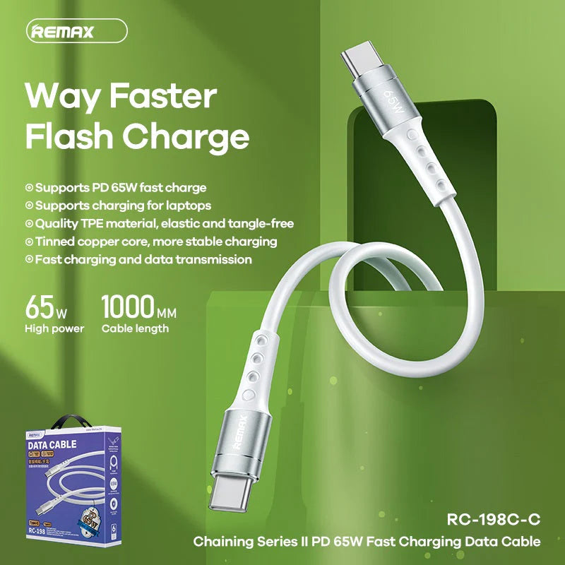 REMAX RC-198 CHAINING 2 SERIES PD 65W FAST-CHARGING DATA CABLE TYPE-C TO TYPE-C (1M), Type-C to Type-C, 65W Charging Cable