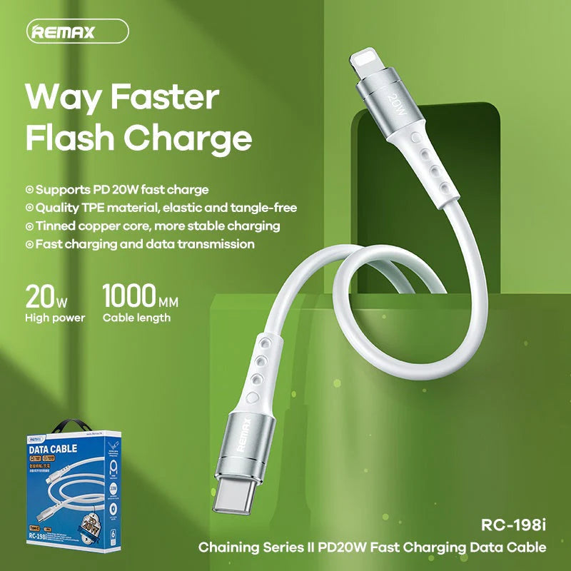 REMAX RC-198I CHAINING 2 SERIES PD 20W FAST-CHARGING DATA CABLE TYPE-C TO IPH (1M), Type-C to Lighting Cable