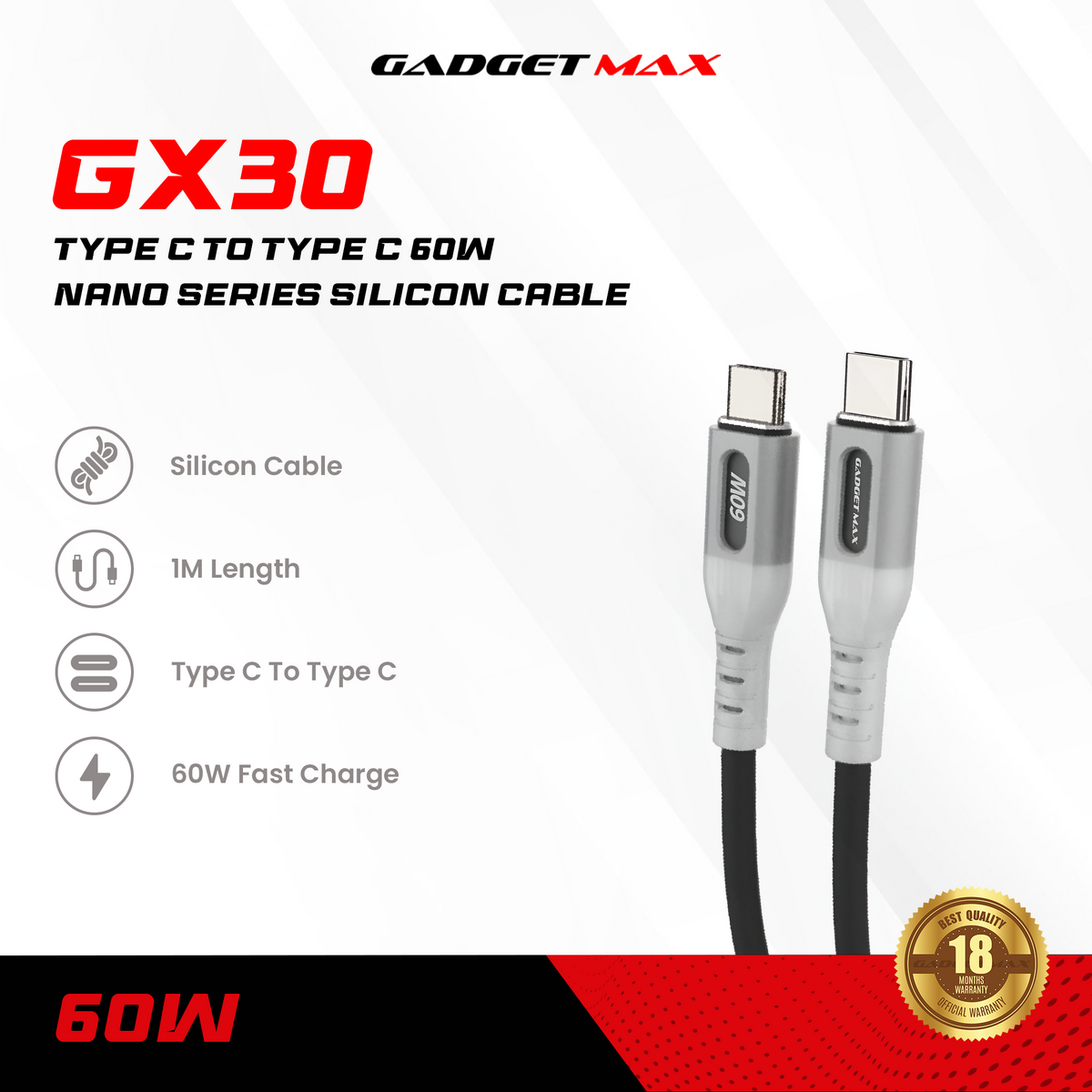 GADGET MAX - GX30 C-C Nano Series Type-C To Type-C PD Fast Charging Data Cable ( 60W ) - White