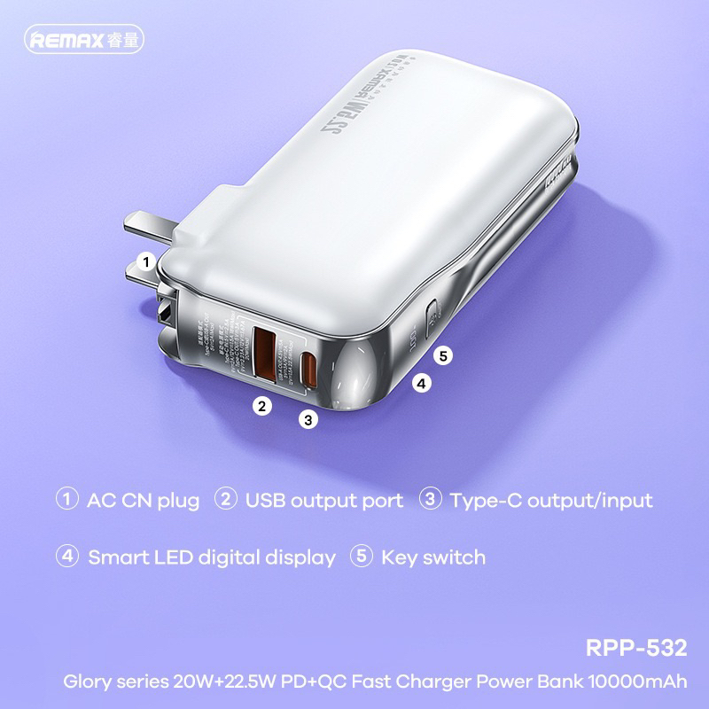 REMAX RPP-532 10000mAh GLORY SERIES 20W+22.5W PD+QC FAST CHARGING POWER BANK (INPUT-TYPE-C/AC) (OUTPUT-USB/TYPE-C)