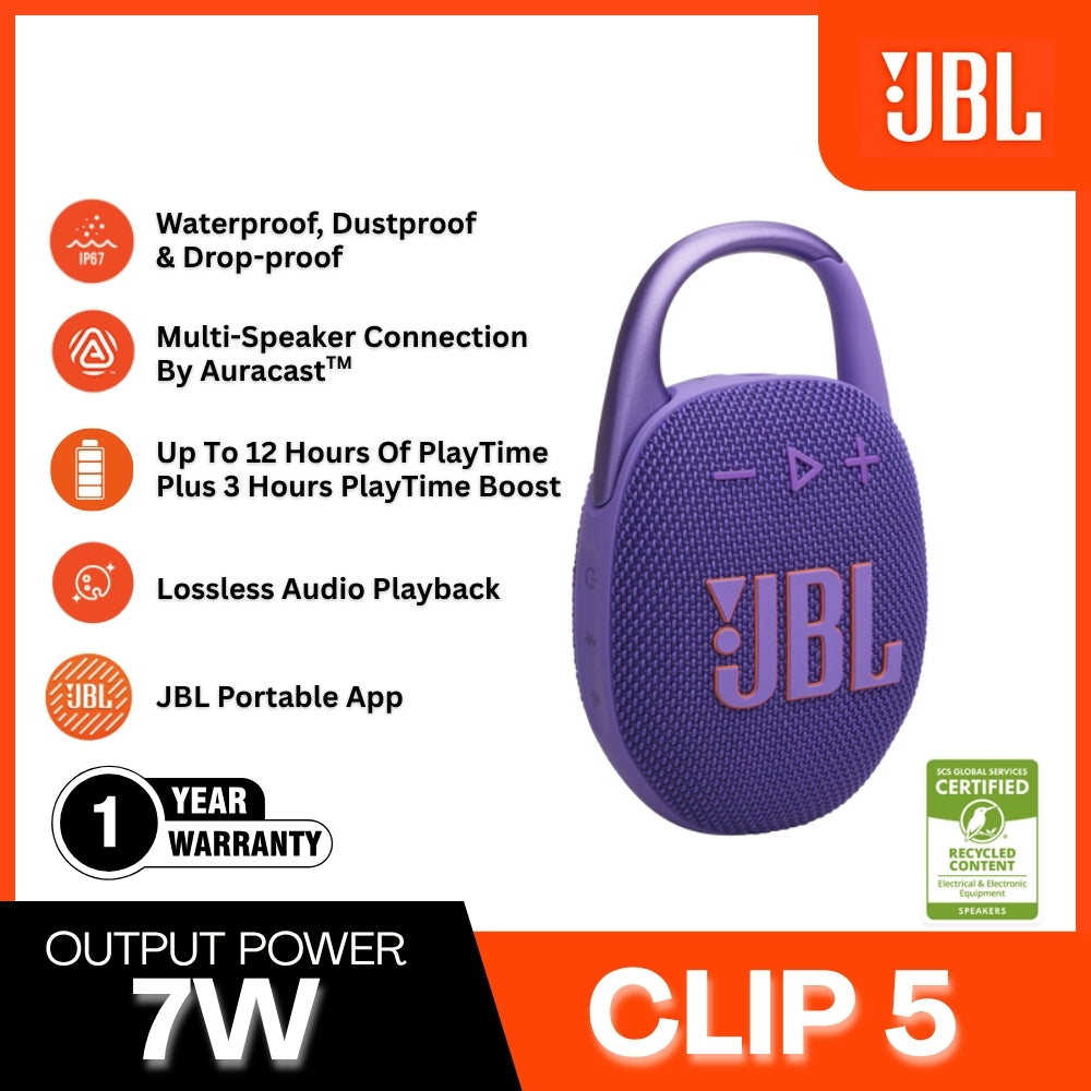JBL - Clip 5 Portable Bluetooth Speaker - Purple