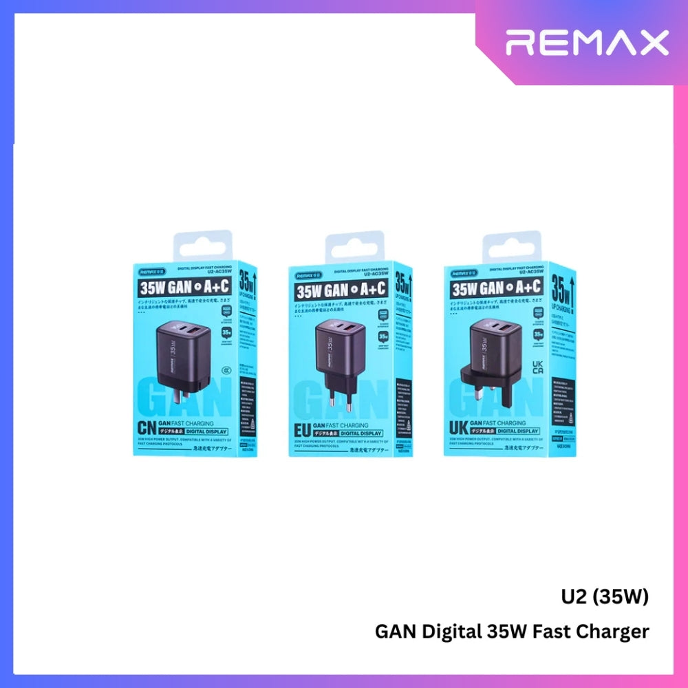 REMAX - U2 Digital PD+QC GAN Fast Charger ( 35W ) - Silver