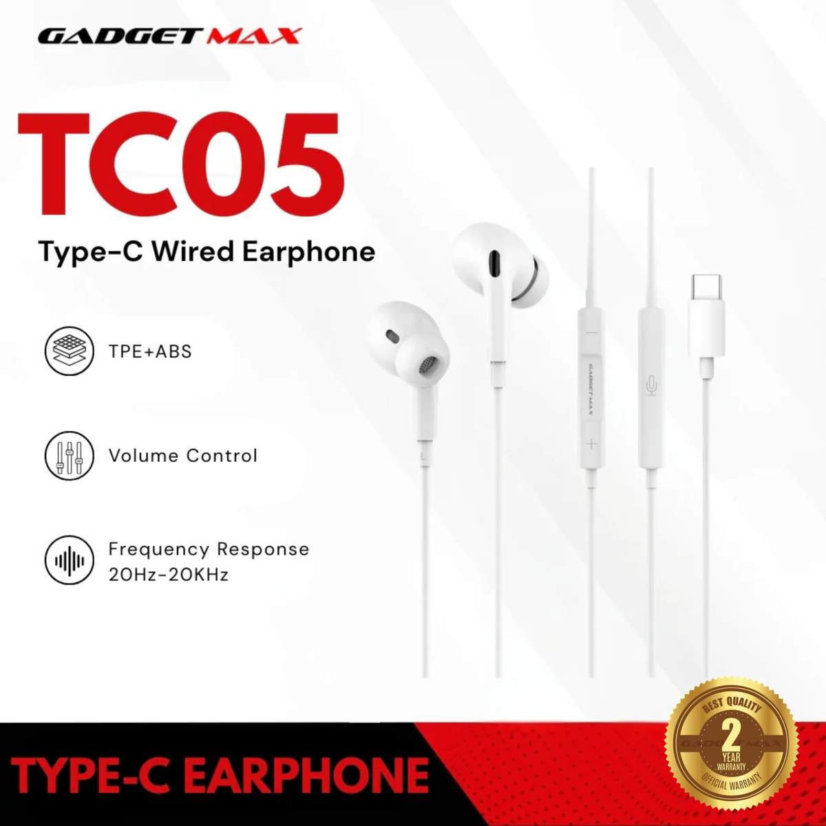 GADGET MAX - TC05 Type-C Wired Earphone - White