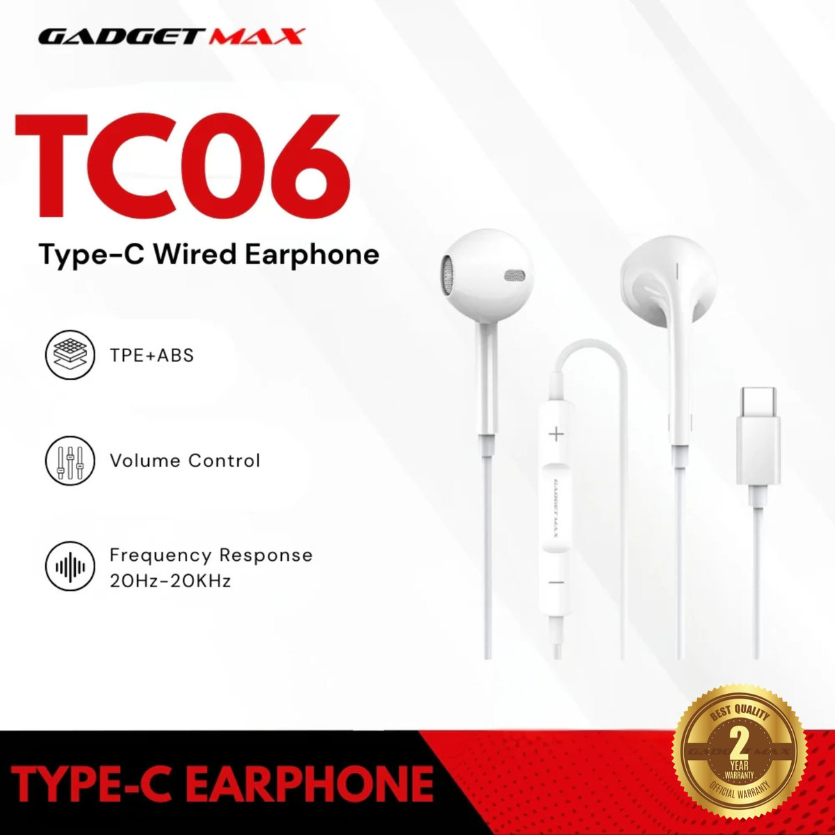 GADGET MAX - TC06 Type-C Wired Earphone - White