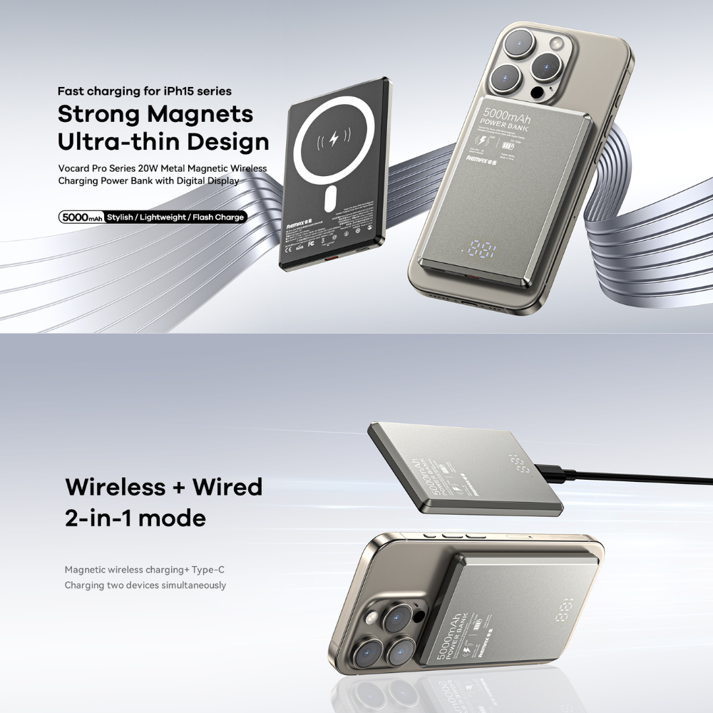 REMAX - RPP-107 Vocard Pro Series 5,000mAh PD Magnetic Wireless Power Bank(PD 20W) - Grey