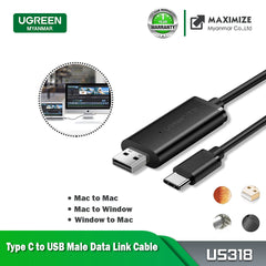 Ugreen US318 USB-A Male to USB-C Male 2.0 Data Link Cable Nickel Plated Connector Round Cable (Computer to Computer Data Link Cable)(2M)