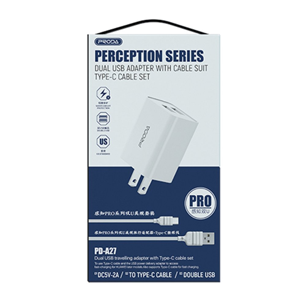 PRODA 2USB CHARGER PD-A27 Type-C PERCEPTION PRO SERIES US - White