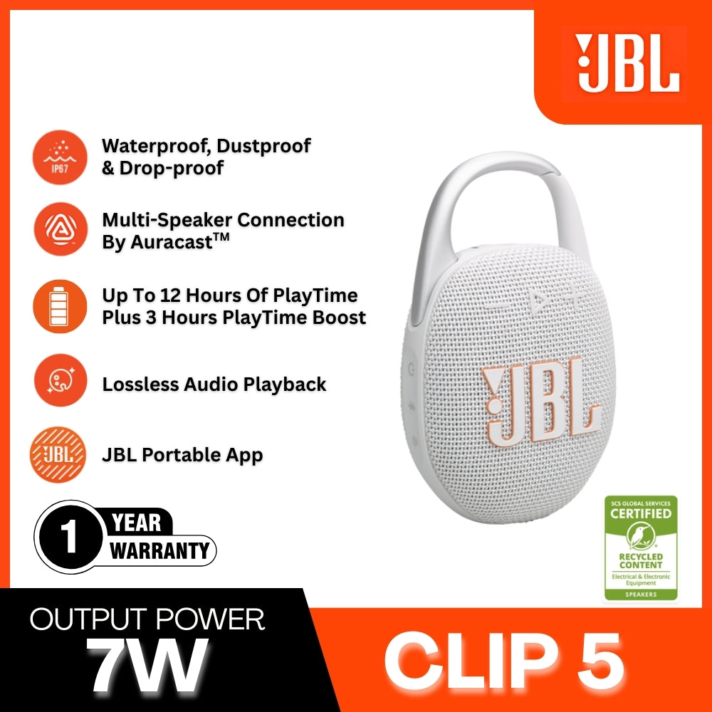 JBL - Clip 5 Portable Speaker (7W) - White